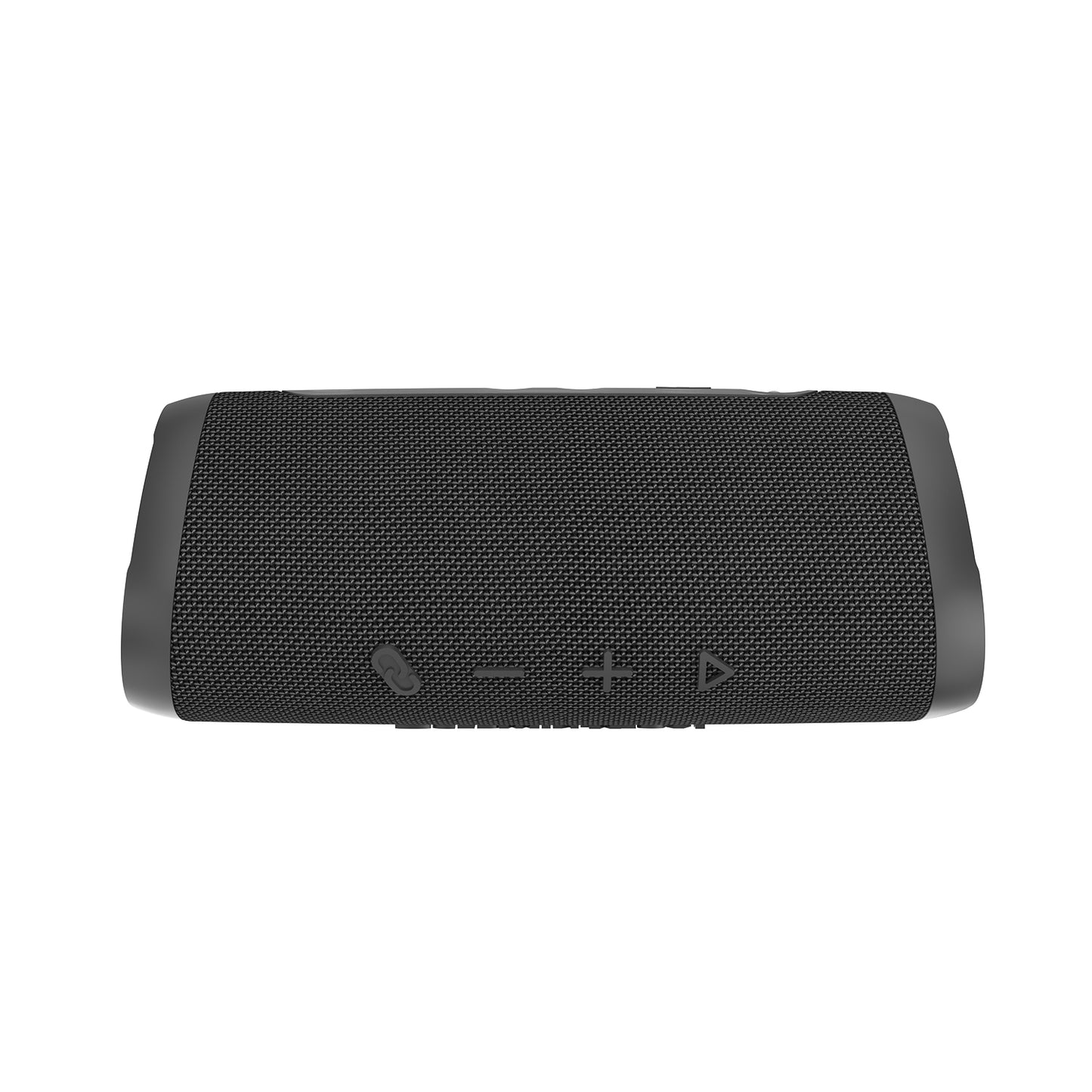 The VegaMini - Compact Powerhouse Bluetooth Speaker in black features a mesh grille, embossed controls for power, volume, play/pause, rubberized end caps for protection, and offers an immersive audio experience with True Wireless Stereo (TWS).