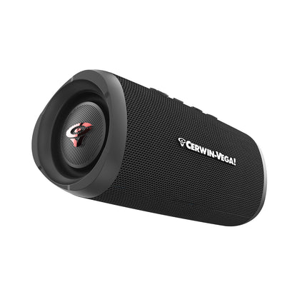 The VegaMini - Compact Powerhouse Bluetooth Speaker is a black cylindrical device with a textured grille and the Cerwin-Vega logo on the side. Its compact, robust design includes top buttons, a red and black logo on the face, and offers an immersive audio experience with TWS technology.