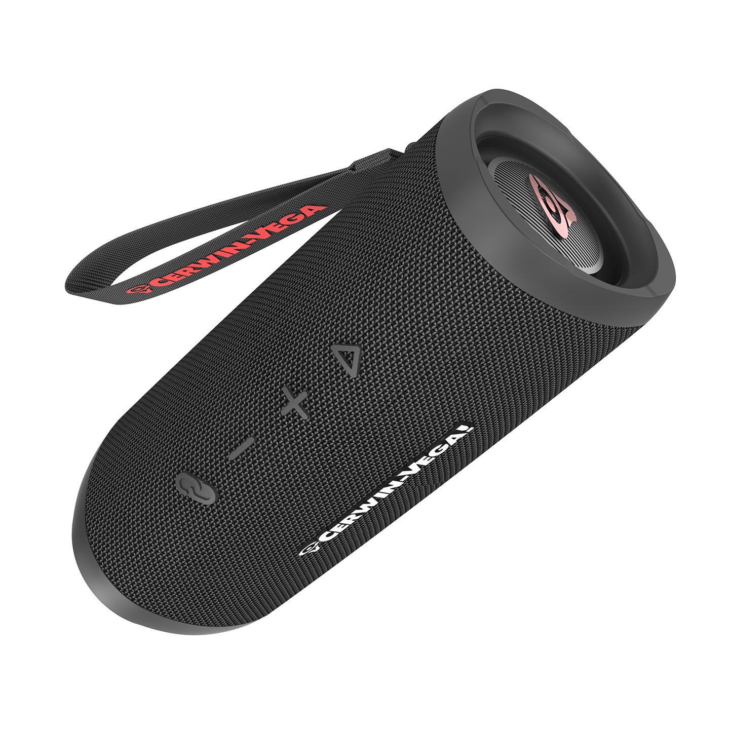 The VegaMini - Compact Powerhouse Bluetooth Speaker is a portable black cylindrical device with a textured grip for immersive audio. It features the red and white Cerwin-Vega logo, a control panel with volume and play/pause buttons, and a loop strap for easy carrying.