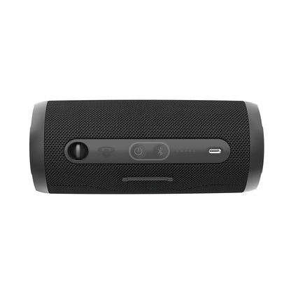 The VegaMini - Compact Powerhouse Bluetooth Speaker, in black with a textured surface on white background, offers immersive sound. The center panel includes power, Bluetooth buttons, and five LED lights in a row. Charging and input ports are visible too.