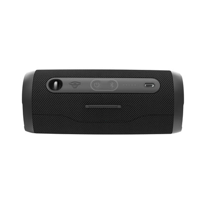 The VegaMini, a black cylindrical Bluetooth speaker, features a front mesh exterior and top control panel with volume knob, power button, Bluetooth button, and USB-C port. Its sleek design with rounded edges offers a modern aesthetic and immersive audio experience.