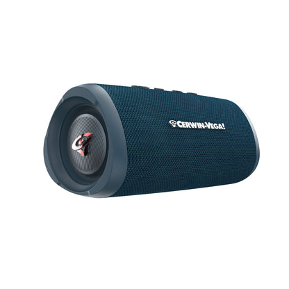 The VegaMini - Compact Powerhouse Bluetooth Speaker is a portable, cylindrical speaker with a textured dark teal surface and a prominent Cerwin-Vega logo on the left speaker grille. It delivers immersive audio and has gray rubberized accents, three top buttons, enhancing its sleek design.