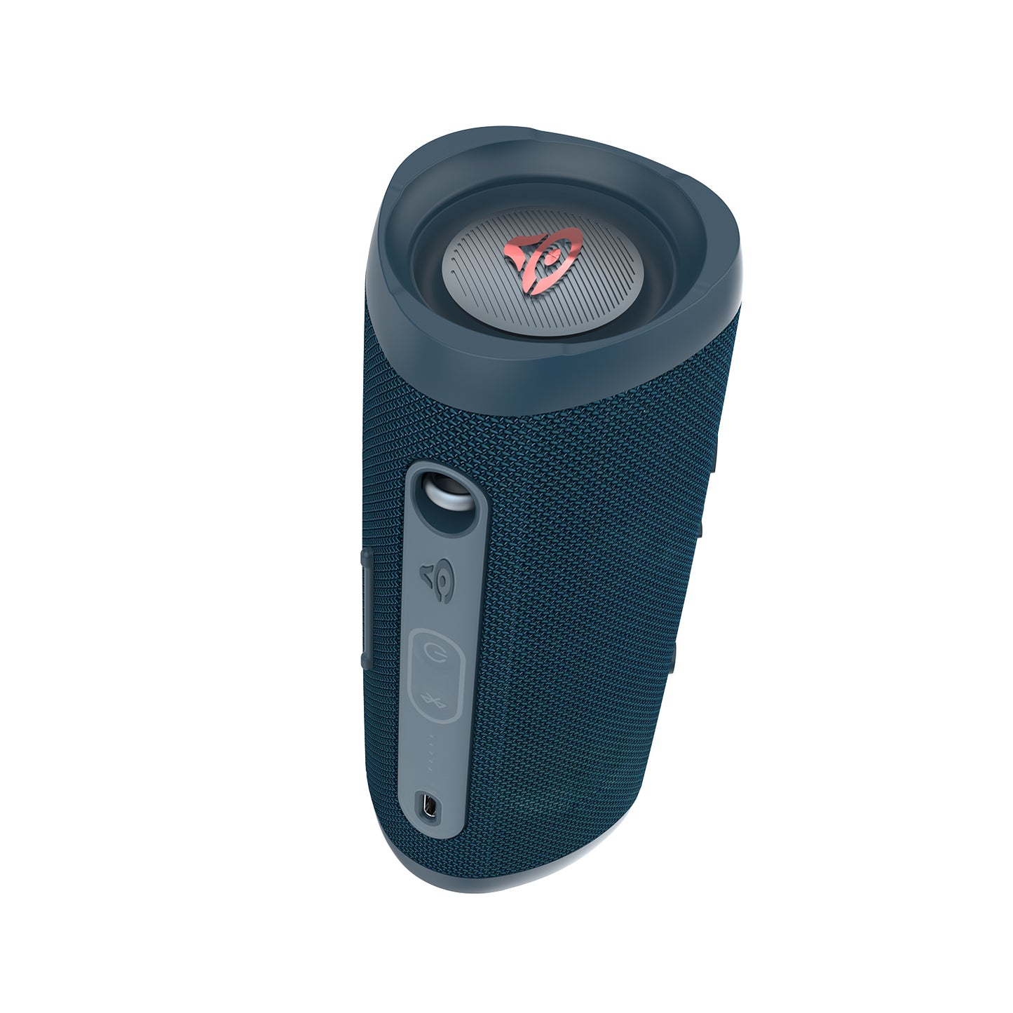 The VegaMini Bluetooth speaker has a dark blue mesh and rubberized top. With True Wireless Stereo for immersive audio, it's cylindrical with a control panel for power/volume and a USB charging port. The metallic grille displays its red and white logo.