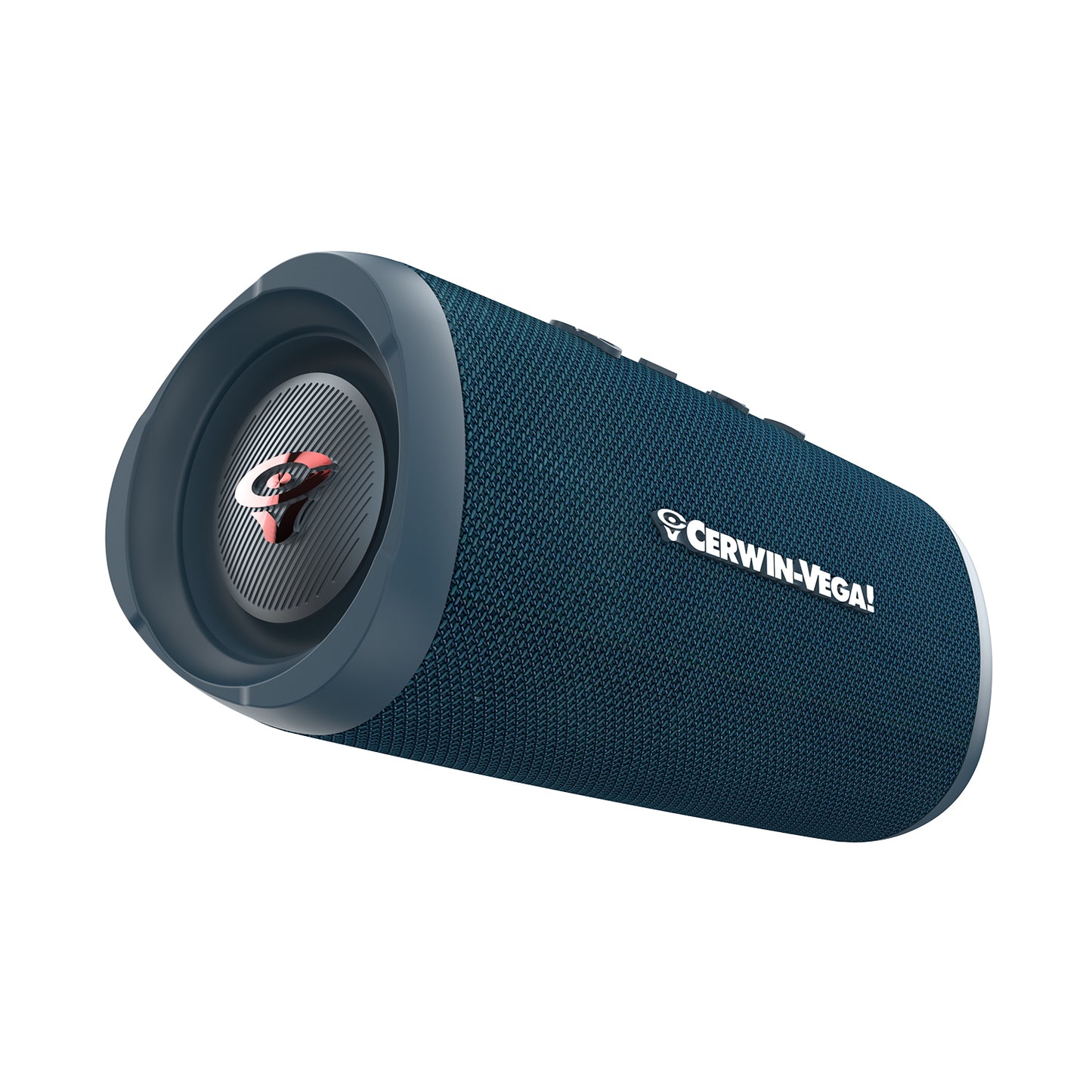 The VegaMini Compact Powerhouse is a cylindrical, portable Bluetooth speaker with a blue mesh exterior and black rubberized ends. It features a large silver grille with Cerwin-Vega!'s red logo centered and top control buttons, offering an immersive audio experience.