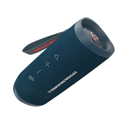 The VegaMini - Compact Powerhouse Bluetooth Speaker offers an immersive audio experience with its cylindrical fabric-covered dark blue design. It includes TWS, control buttons on one side, a branded carrying strap, and a prominent speaker grille at the top.