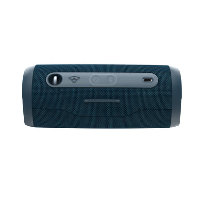 The VegaMini, a dark teal cylindrical Bluetooth speaker, provides an immersive audio experience. It has top control buttons for power, Bluetooth, and volume, a woven texture design, and a USB-C port on the side. The speaker is shown from the top view against a white background.