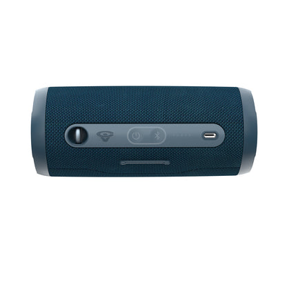 The VegaMini is a blue cylindrical Bluetooth speaker with a textured grille that delivers immersive audio. It features a sound mode button, power button, Bluetooth button, LED battery indicators, and USB-C port. Supports TWS and rests horizontally with controls facing up for easy access.