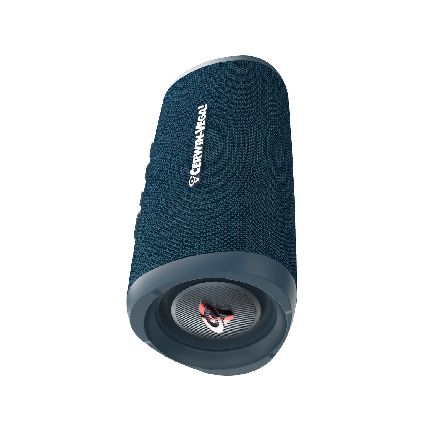 The VegaMini is a compact powerhouse Bluetooth speaker with a cylindrical design and dark blue fabric cover featuring the Crown Mega logo. It delivers immersive audio through rubberized ends, a red-logo circular grille, and three side buttons for easy control.