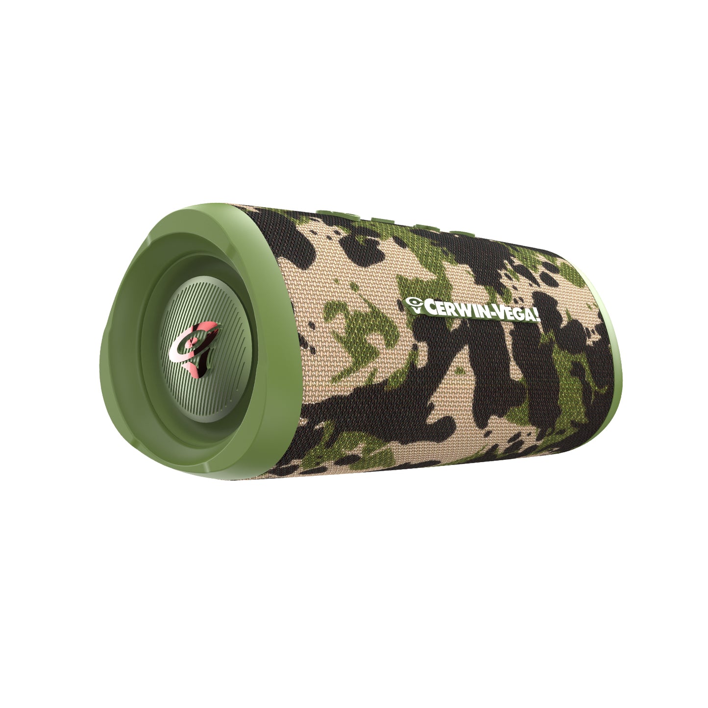 The VegaMini, a compact powerhouse Bluetooth speaker, features a cylindrical shape with green accents and a fabric exterior in camouflage for rugged outdoor use. "CERWIN-VEGA" is displayed on the side, with a red logo on the grille offering an immersive audio experience in True Wireless Stereo (TWS).