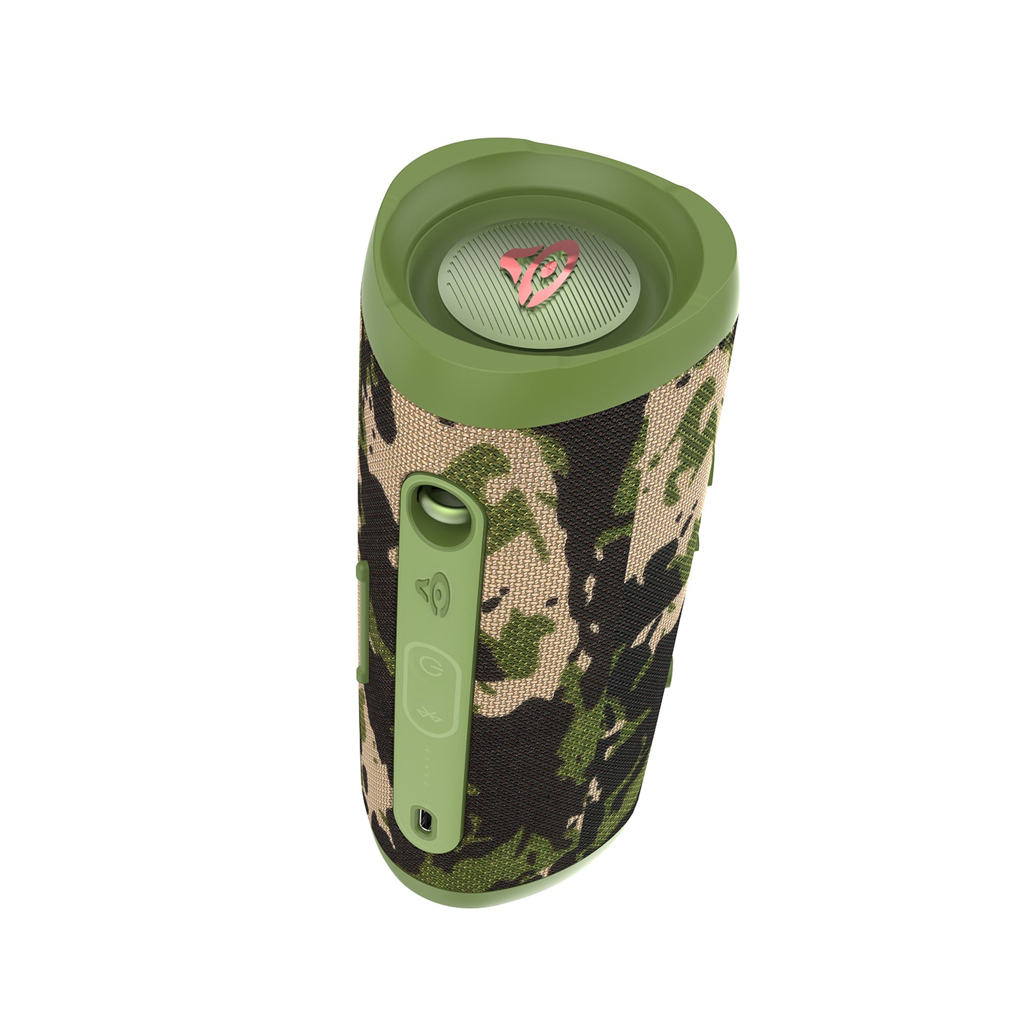 The VegaMini - Compact Powerhouse Bluetooth Speaker is a camouflage-patterned, cylindrical device, delivering immersive audio. It features green control buttons for power and connectivity, a top speaker grille adorned with its logo, and comes in shades of green, beige, and black for a rugged look.