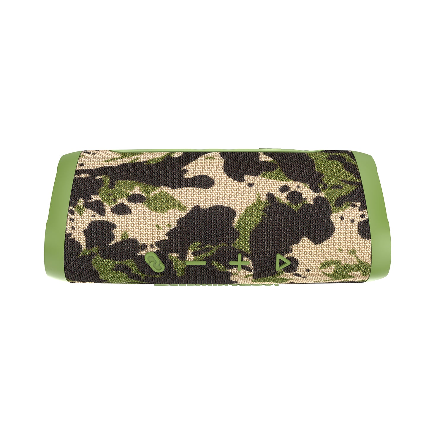 The VegaMini - Compact Powerhouse Bluetooth Speaker features a striking camouflage pattern in green, black, and beige, with green ends. It has visible side buttons for volume and play/pause control, offering an immersive audio experience against a plain white background.