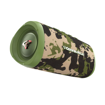 The VegaMini is a camouflage-patterned cylindrical Bluetooth speaker with green end caps, delivering immersive audio. It features Cerwin-Vega's logo in white against a blend of green, brown, and black. The left circular grill supports True Wireless Stereo (TWS) for seamless sound.