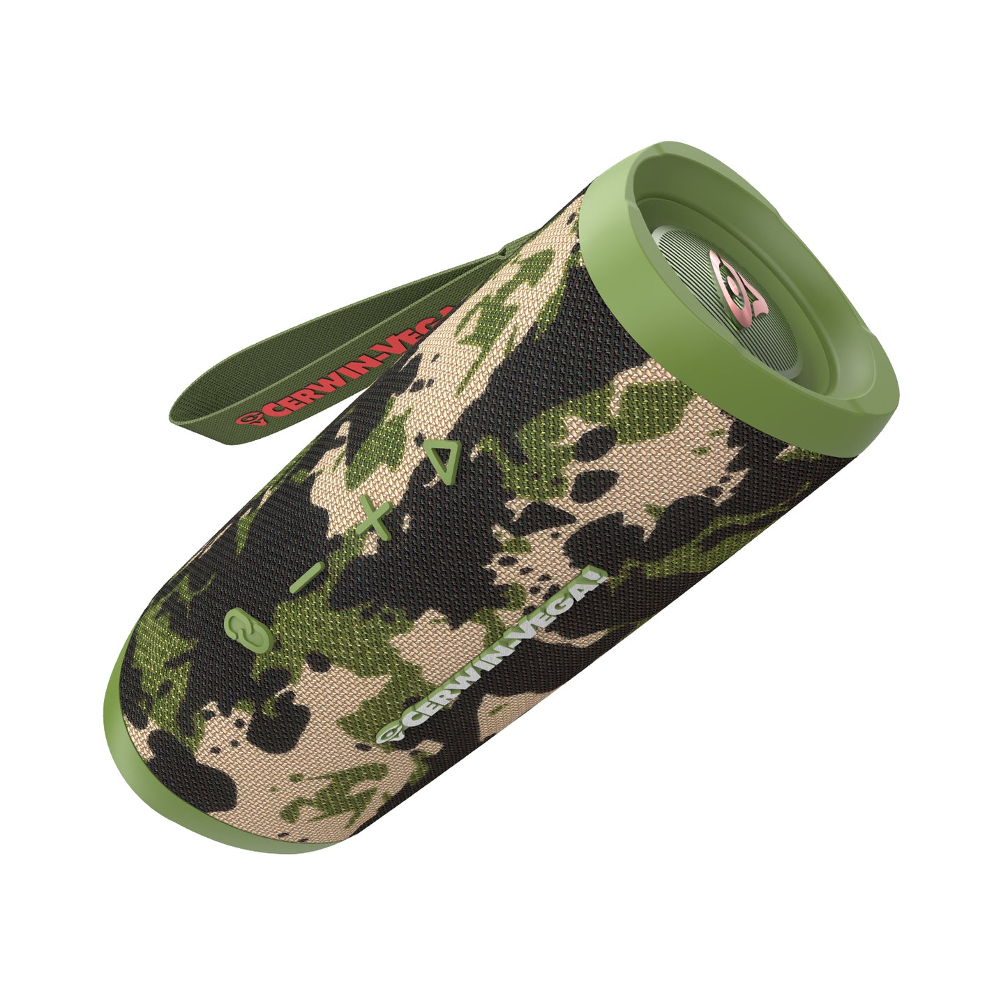 The VegaMini is a portable cylindrical Bluetooth speaker with a camouflage design, olive green accents, side control buttons, and TWS capability. It offers an immersive audio experience, features "GERMANICA," and includes a strap for easy carrying.