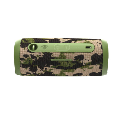 The VegaMini - Compact Powerhouse Bluetooth Speaker offers an immersive audio experience with its portable, camouflage design in green, brown, and black. It features a green top panel with intuitive controls, TWS capability, and a side charging port, making it ready for any adventure.