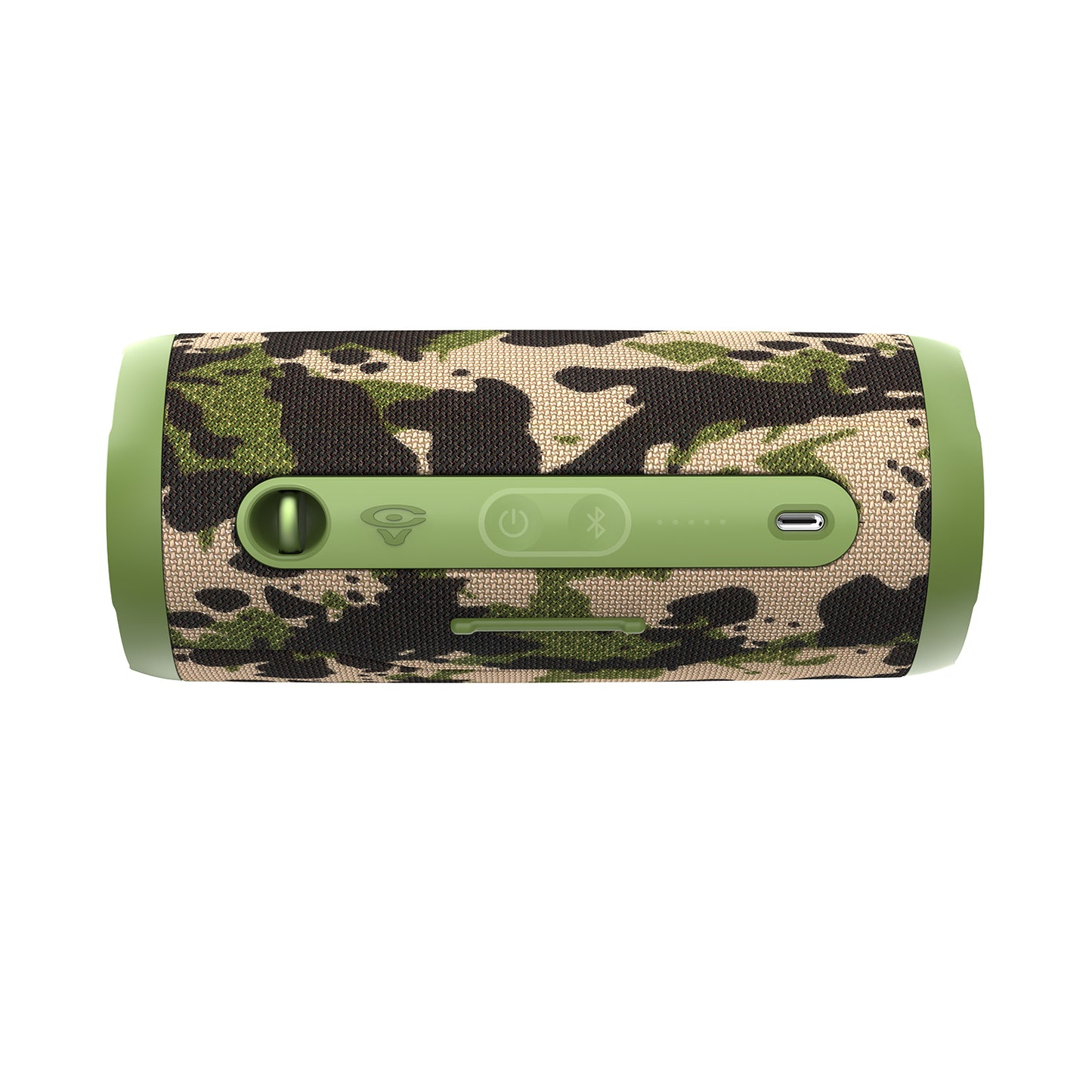 The VegaMini - Compact Powerhouse Bluetooth Speaker features a camouflage design with green and brown patterns. Its cylindrical shape includes a green frame, control panel with power, Bluetooth, volume buttons, and a charging port on the right for an immersive audio experience.