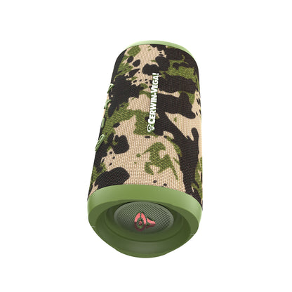 The VegaMini is a cylindrical Bluetooth speaker with a green, beige, and black camouflage design. It features the white Cerwin Vega logo on the side and green end caps, one with a red logo on the grille, offering an immersive audio experience.