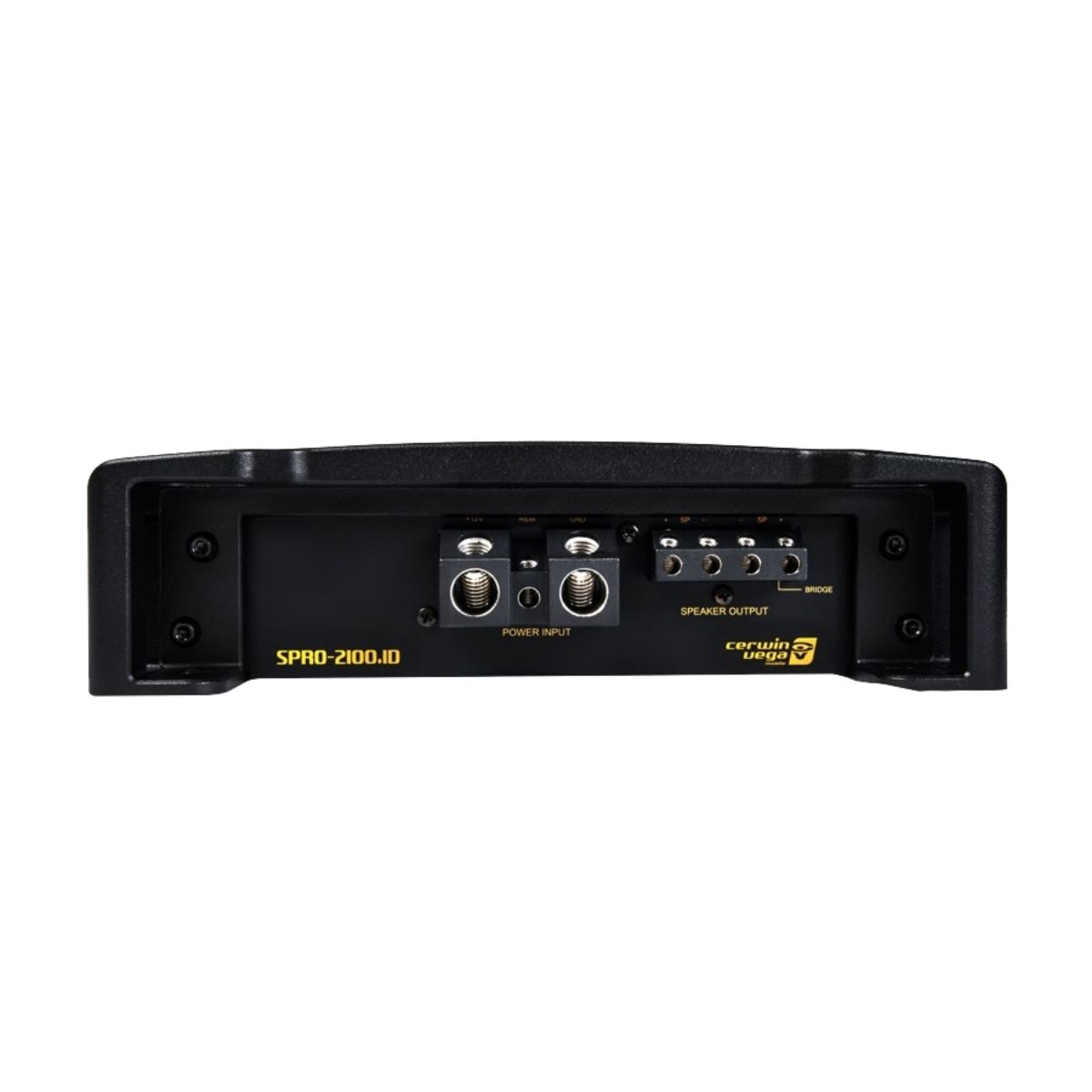 Close-up view of the Stroker Pro Amplifier, model SPRO-2100.1D. The front panel features power input terminals, speaker output connections, and a bridge switch. "Cerwin Vega" branding is visible on the right side. The amplifier boasts a sleek, compact design.
