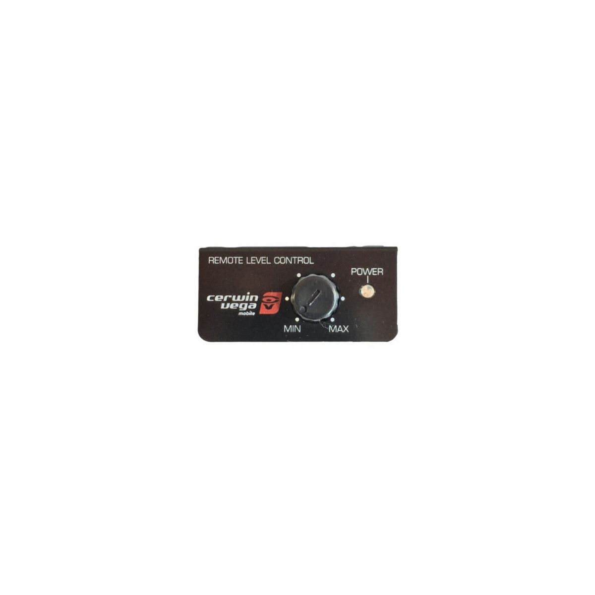 A black remote control for the Stroker Pro Amplifier features a central dial marked "MIN" to "MAX" for volume adjustment, with the Cerwin Vega logo on the left and a small power indicator light to the right of the dial.