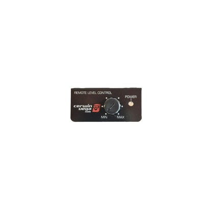 A black remote control for the Stroker Pro Amplifier features a central dial marked "MIN" to "MAX" for volume adjustment, with the Cerwin Vega logo on the left and a small power indicator light to the right of the dial.