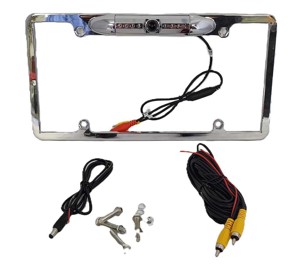 The Chrome HD License Plate Frame with Backup Camera (CLF1C) combines style with safety, featuring an integrated top camera, black and red wires, yellow connectors with screws, and multiple LED lights around the lens for better visibility.