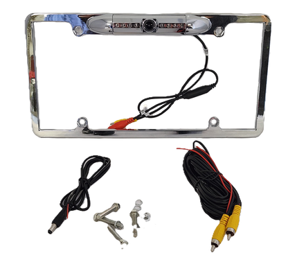 The Chrome HD License Plate Frame with Backup Camera (CLF1C) combines style with safety, featuring an integrated top camera, black and red wires, yellow connectors with screws, and multiple LED lights around the lens for better visibility.