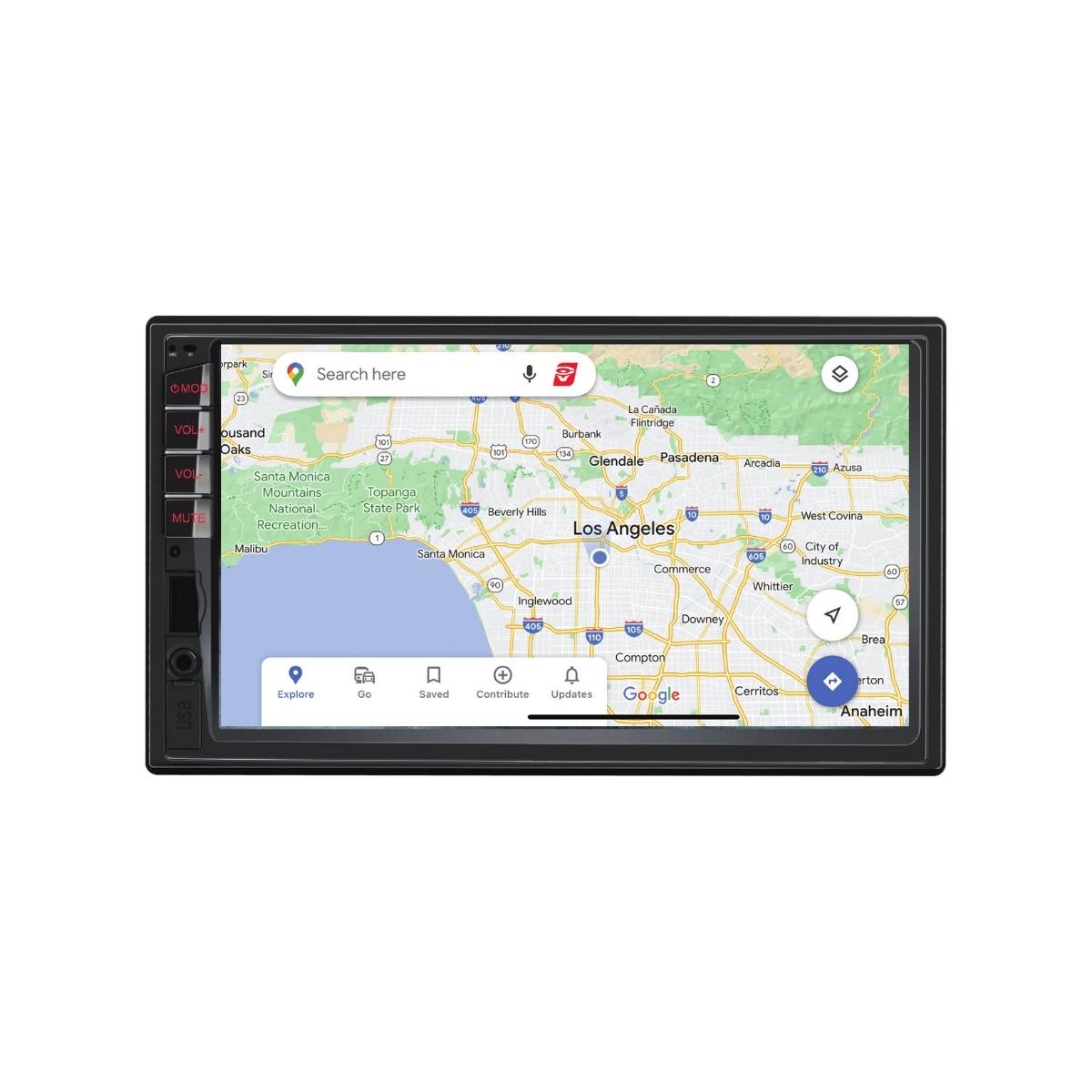 A Multimedia Receiver displays a digital map of Los Angeles, including roads, city names, and the coastline. It features volume and power buttons on the left and a sleek black frame. The top of the screen shows a search bar with navigation options.
