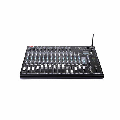 The 16 CHANNEL MIXER W/BT & SKAA-CVM16 is a black audio console with rows of knobs, sliders, and buttons. It has multiple input channels for volume and sound effects adjustments, features Bluetooth and SKAA Pro Technology, and includes a small antenna next to an LCD display on the right side.