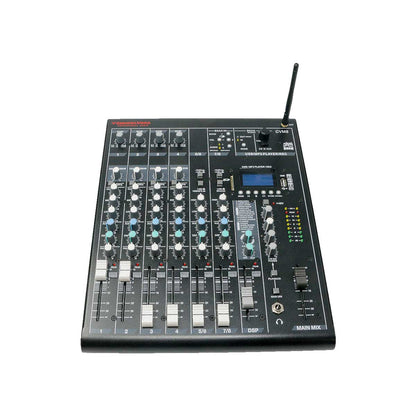 The 8 CHANNEL MIXER W/BT & SKAA-CVM8 features a sleek black design with eight channels for precise sound tuning using blue, black, and gray knobs. It includes a display screen, Bluetooth connectivity, SKAA Pro Technology, and an antenna, labeled "Main Mix" and "Professional Audio Mixer.