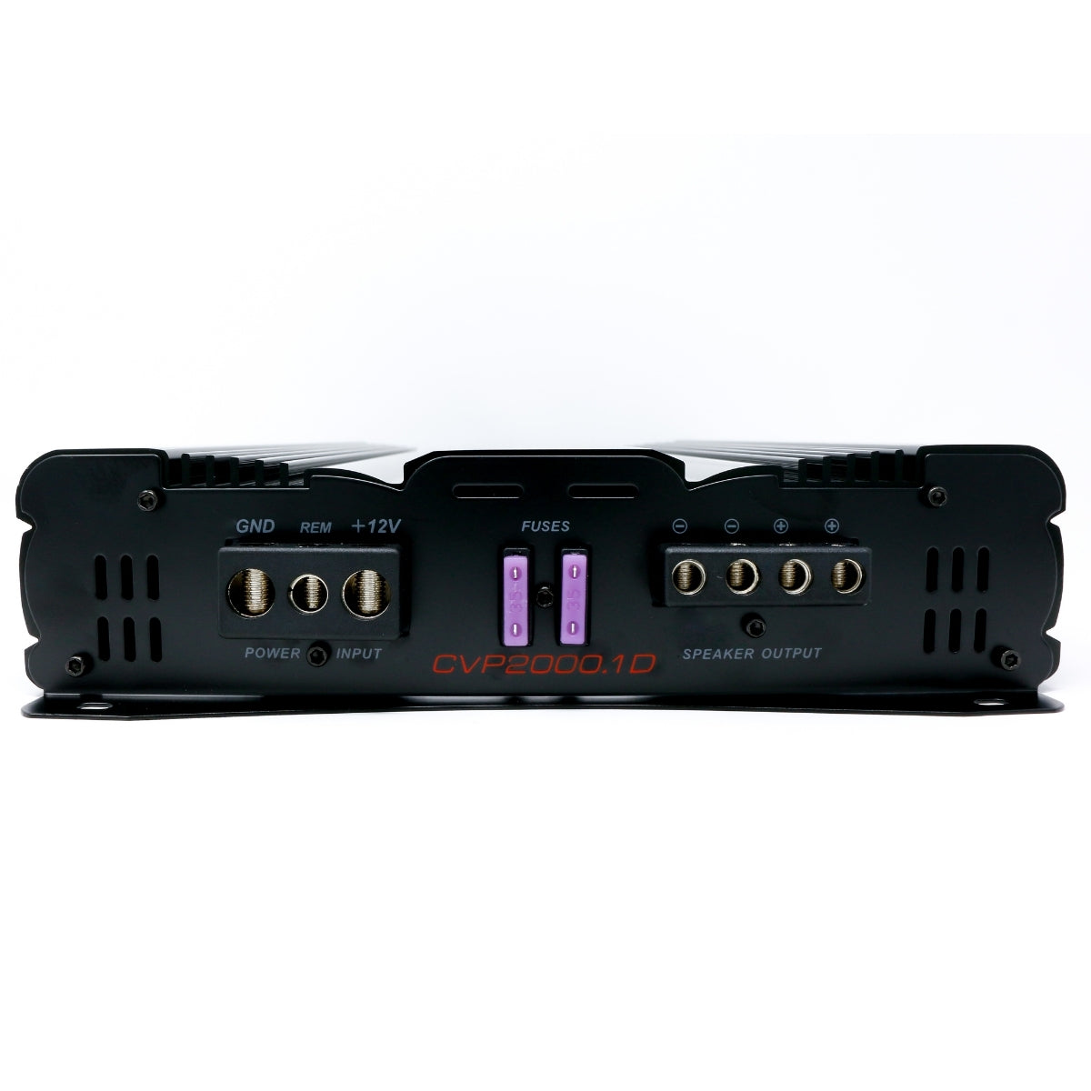 The image shows the back of a black CVP Series 1-Channel Class AB Amplifier - CVP2000.1D, highlighting power input and speaker output connections with ground, remote, and 12V terminals on the left. Extreme Bass fans will notice two purple fuses above the orange model number.