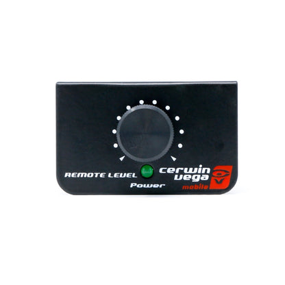 The black rectangular CVP Series remote level control is ideal for your Cerwin-Vega Amplifiers. It has a large central dial with white dot level indicators. "REMOTE LEVEL" and "Power" sit on the lower left, while the iconic Cerwin-Vega Mobile logo adorns the right.