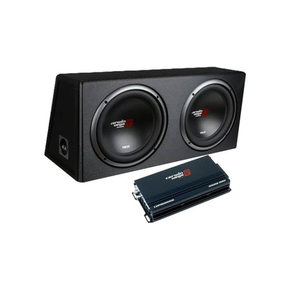 The Bass Package CVPMXE12 features dual 12" subwoofers in a vented enclosure with "CRUNCH" logos and a compact black mono amplifier, all set against a white background to highlight its sleek, modern audio design.