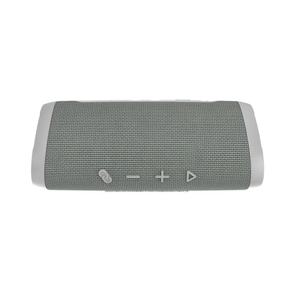 The VegaMini - Compact Powerhouse Bluetooth Speaker is a sleek, gray cylindrical device with a fabric exterior and light gray end caps. It delivers immersive audio and features chain link, minus, plus, and triangle with line icons for connectivity, volume control, and play/pause functions.