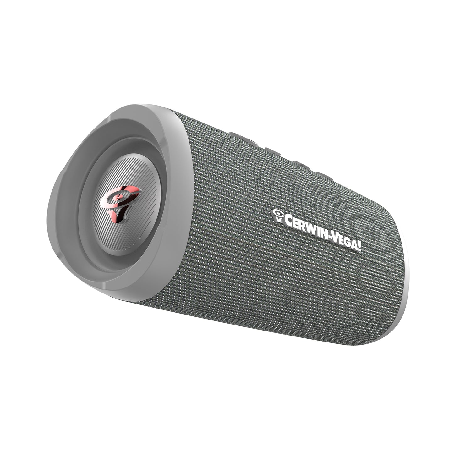 The VegaMini - Compact Powerhouse Bluetooth Speaker features a cylindrical design with textured green fabric, gray accents, and a speaker cone showcasing a red/black logo. The "Cerwin-Vega!" brand appears in white on the side, while control buttons are on top for an immersive audio experience.