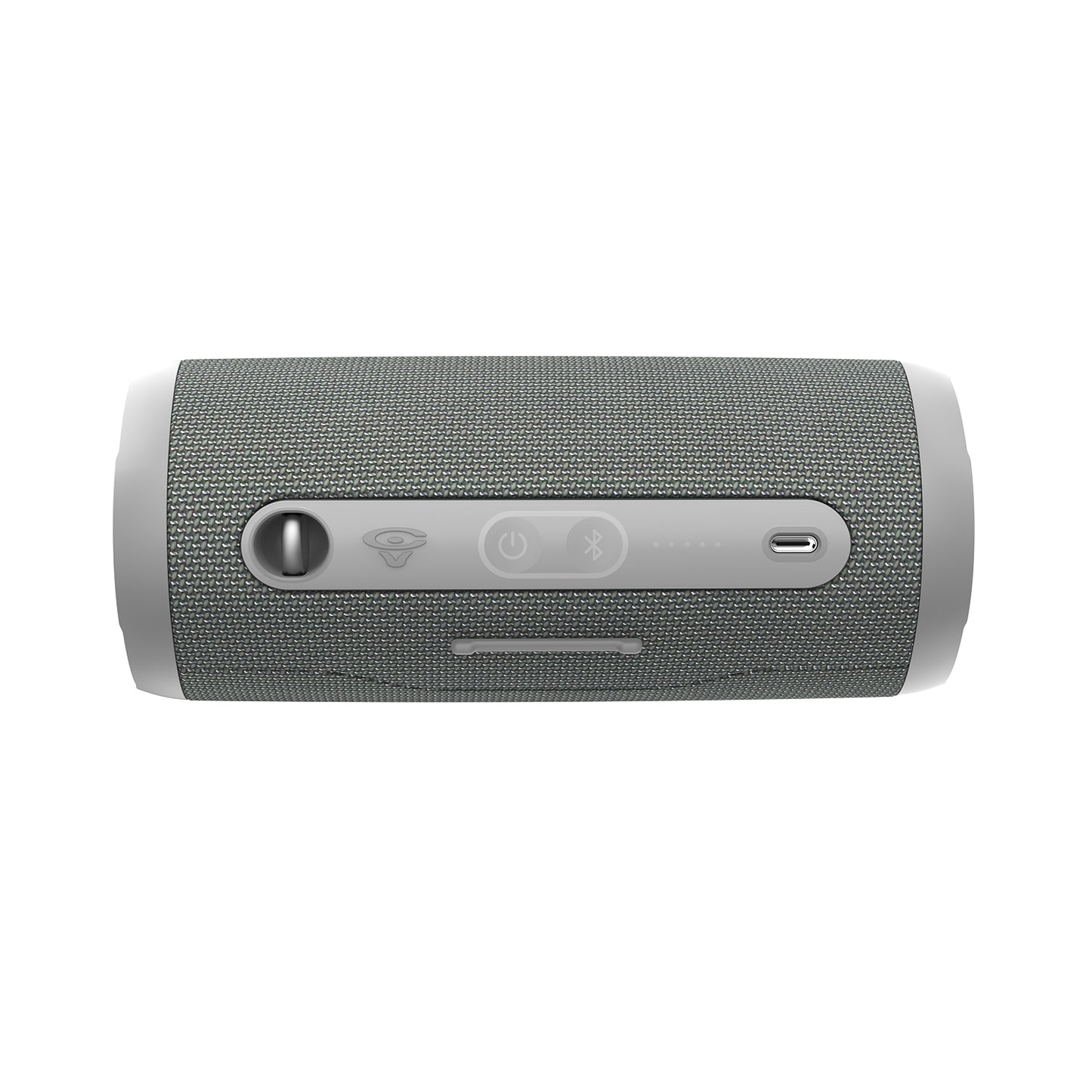 The VegaMini is a gray cylindrical Bluetooth speaker with a textured surface offering immersive audio. It includes power and Bluetooth buttons on its control panel and a protective flap for the charging port. The centrally aligned strip enhances its design, while True Wireless Stereo (TWS) ensures exceptional sound quality.