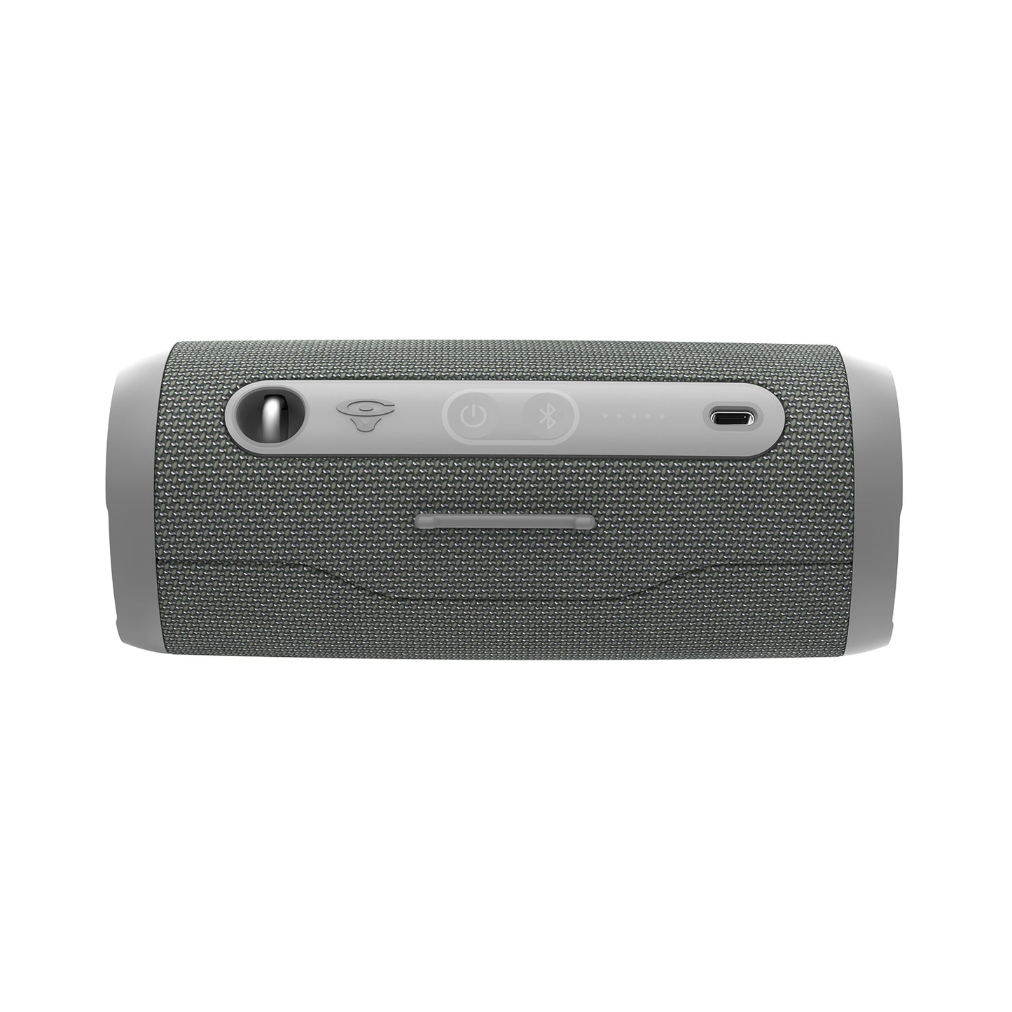 The VegaMini Bluetooth speaker, with its gray fabric mesh exterior and cylindrical design, provides immersive sound. It features top-panel buttons for power, Bluetooth, and volume control, plus a charging port. Smooth edges with light-colored caps enhance its sleek design.