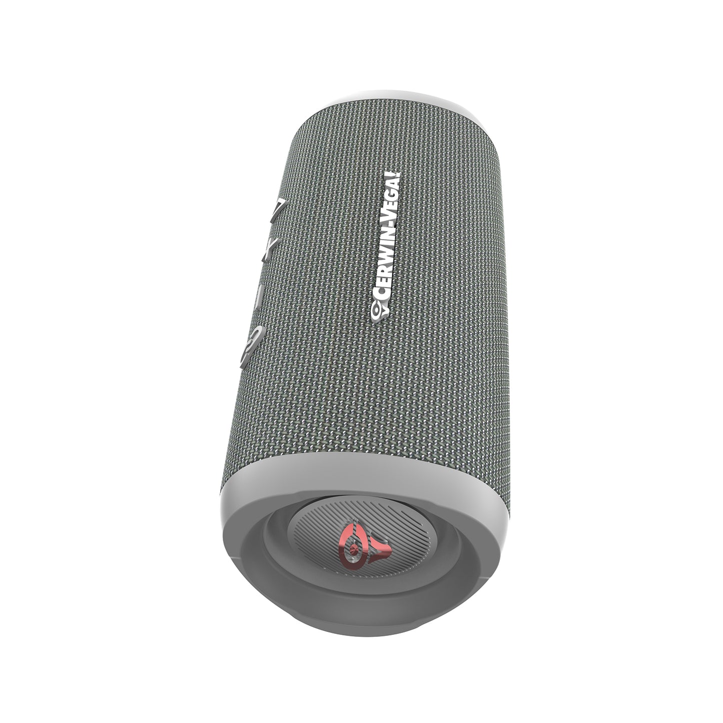 The VegaMini is a compact cylindrical Bluetooth speaker with a gray and black woven texture, silver side panels, and a red emblem on the mesh. Its vertical "Cerwin Vega" logo and side buttons offer immersive audio control.