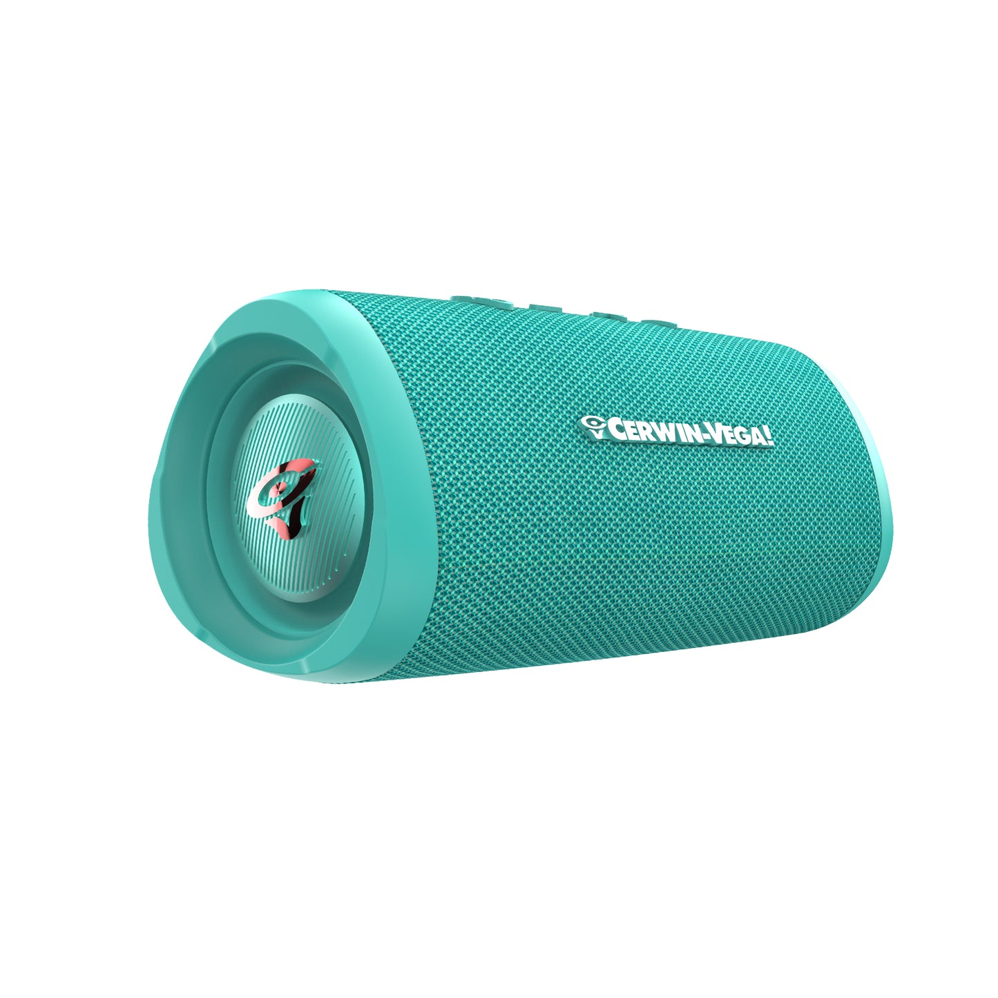 The VegaMini Compact Powerhouse is a teal, cylindrical Bluetooth speaker with a hexagonal mesh texture for immersive audio. It features the Cerwin-Vega logo, a rocket logo on the end panel, visible control buttons on top, and supports True Wireless Stereo (TWS).