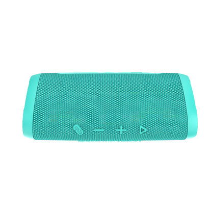 The VegaMini - Compact Powerhouse Bluetooth Speaker is a teal cylindrical device with rounded ends and a textured surface, providing an immersive audio experience. It has power, minus, plus, and play/pause controls on one side, with the grille covering most of the body and sleek plastic ends.