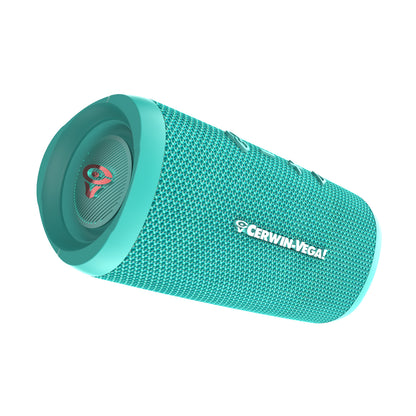 The VegaMini is a turquoise Bluetooth speaker with a cylindrical design, round speaker grill with a red logo, and textured mesh body displaying "Cerwin-Vega!" in white. It delivers immersive audio and offers True Wireless Stereo (TWS) for seamless sound.