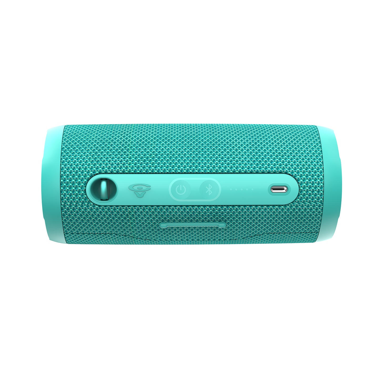 The VegaMini is a turquoise cylindrical Bluetooth speaker with a textured surface. Its side control panel has power, Bluetooth, and sound wave logo buttons. Enjoy immersive audio with its minimalist design and True Wireless Stereo (TWS) capability.