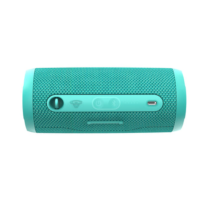 The VegaMini is a turquoise cylindrical Bluetooth speaker with a textured surface. Its side control panel has power, Bluetooth, and sound wave logo buttons. Enjoy immersive audio with its minimalist design and True Wireless Stereo (TWS) capability.