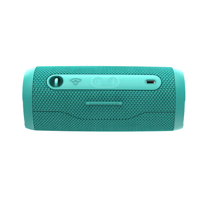 The VegaMini is a turquoise, compact cylindrical Bluetooth speaker with smooth and textured surfaces. It includes top-panel buttons for power, Bluetooth, and a circular switch. It offers an immersive audio experience with True Wireless Stereo (TWS). A small right-side port is for charging or connectivity.