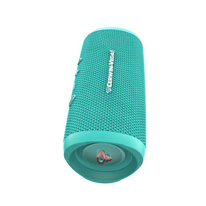 The VegaMini - Compact Powerhouse Bluetooth speaker, a turquoise cylinder with a textured mesh finish, delivers immersive audio. Cerwin-Vega's name is prominently displayed on the side in white, and its front and back circular turquoise panels support True Wireless Stereo (TWS) connectivity.