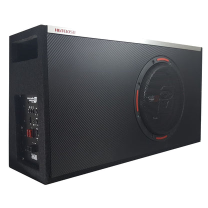 The HED Powered Subwoofer Enclosure is rectangular and black with a textured surface. It has a circular speaker on the right, red accents, and control knobs labeled "HDTE120SV" on the left. There's also a vented slot for airflow in the top left corner.