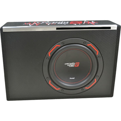 The HED Powered Subwoofer Enclosure features a black speaker box with a red and black subwoofer. It's labeled "cerwin vega" and "hed," has a carbon fiber texture, white and red sound wave graphics on top, and red accents surrounding the centrally positioned speaker.