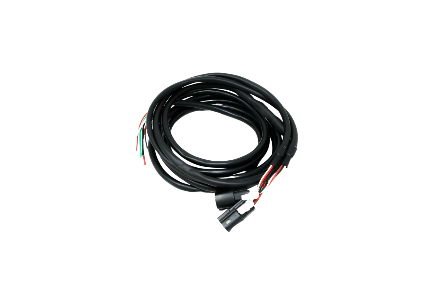 The Cerwin Vega Inc. 2014-2023 Harley Davidson® Cut In Lid Kit with ST69CX (4Ω) - RPMST694LK is a coiled black cable, featuring connectors on both ends and exposed colored strands: green, white, red, and black. It's designed for Harley Davidson accessories and shown efficiently looped on a white background.