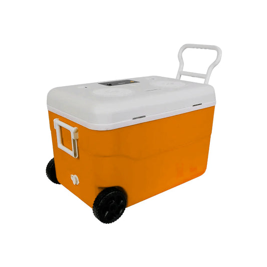 The CVC65OR is a 55QT orange cooler with a white lid featuring a recessed area, pulling handle, two black wheels, drainage spout, built-in white handle for lifting, and modern convenience with 6.5" 2-way marine speakers for Bluetooth streaming and phone charging capability.