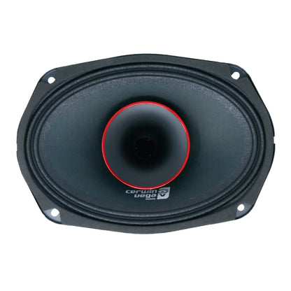 This close-up showcases the 2024+ Harley Davidson® Cut-In Lid Kit's PH694 (4Ω) speakers, ideal for an audio upgrade. The oval speaker has a black and red color scheme with a large central cone, red rim, Cerwin Vega logo, and four circular mounting holes for a dynamic appearance.