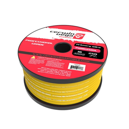 250 Ft spool of yellow Primary Wire, marked "Cerwin Vega Mobile" with specs "PWB8-250YL, 8B," features a red and white top label stating "Professional Grade," includes a barcode, and displays the brand's website URL on the side.