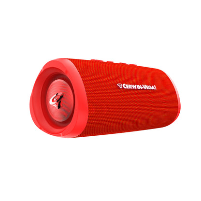 The VegaMini is a red, cylindrical Bluetooth speaker with a rubberized texture featuring the Cerwin-Vega logo in white. It offers immersive audio with its distinct triangular design, branded end cap, and side bass radiators embossed with the Cerwin-Vega symbol.